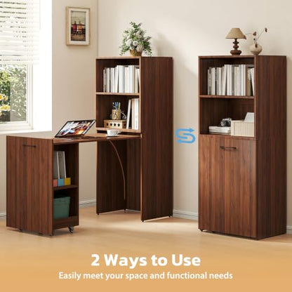 Zevemomo Folding Desk, Convertible Table with Shelves & Wheels - Walnut | Folding Desk with Storage, Craft Cabinet with Fold Out Table, Compact Computer Desk for Small Space, Reversible L Shaped Desk - color: Walnut