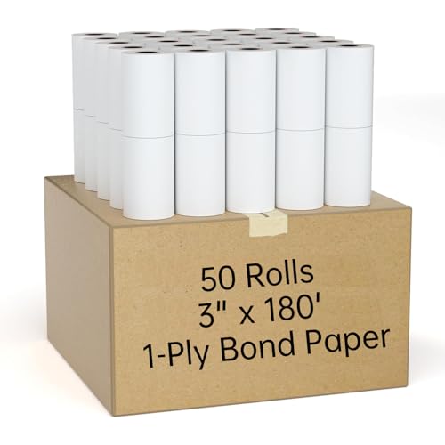50 Rolls 3” x 180’ 1-Ply Bond Paper Rolls for Adding Machines, Kitchen Printers, Calculators, POS Systems, Cash Registers, BPA-Free White Receipt Paper, 72mm Diameter, 21mm Core