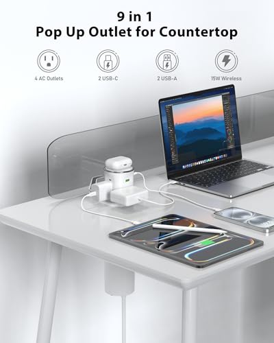 Motorized Pop Up Countertop Outlet with 45W USB C Charging Station | 4AC Outlets & 4 USB & 15W Wireless Charger, 3.15in Hole PopUp Power Electrical Outlets for Kitchen Desktop Counter - color: White