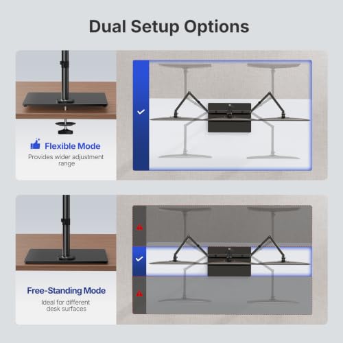 HUANUO Free Standing Triple Monitor Mount for 13-27 Inch Screens | Larger Tempered-Glass Base, Heavy Duty Thicker Steel, Tilt, Swivel, Rotation, Holds up to 22 lbs, VESA 75x75/ 100x100mm