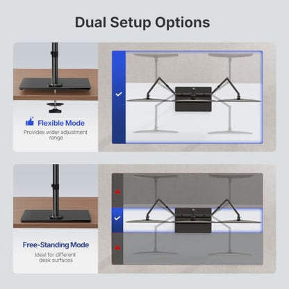 HUANUO Free Standing Triple Monitor Mount for 13-27 Inch Screens | Larger Tempered-Glass Base, Heavy Duty Thicker Steel, Tilt, Swivel, Rotation, Holds up to 22 lbs, VESA 75x75/ 100x100mm