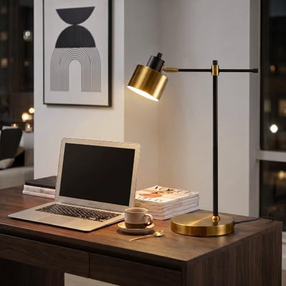 22.2" Modern Desk Lamp, Metal Table Lamp with LED Bulb, Adjustable Reading Lamps for Living Room, Mid Century Task Lamp for Home Office, Industrial Bedside Lamps with Solid Base,Black and Gold - color: Black and Gold