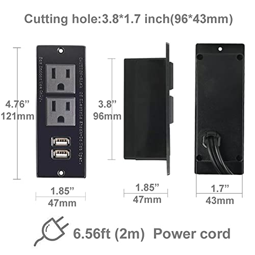 Desktop Power Strip with 2 Outlets 2 USB 2.1A Insert Mounting Built in Desk Table Sofa Cabinet Nightstand - color: Black