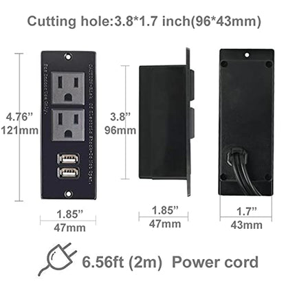Desktop Power Strip with 2 Outlets 2 USB 2.1A Insert Mounting Built in Desk Table Sofa Cabinet Nightstand - color: Black