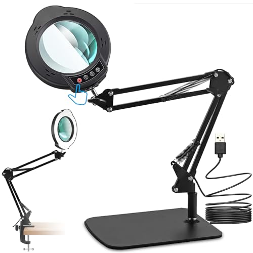 eSynic 10X Magnifying Glass with 84 LED Lights&4.2 Inch Large Len 2-in-1 Clamp&Stand Desk Magnifier Lamp-10 Brightness Levels-5 Color Modes for Crafts Reading Repair[HD Glass Lens Not Acrylic]