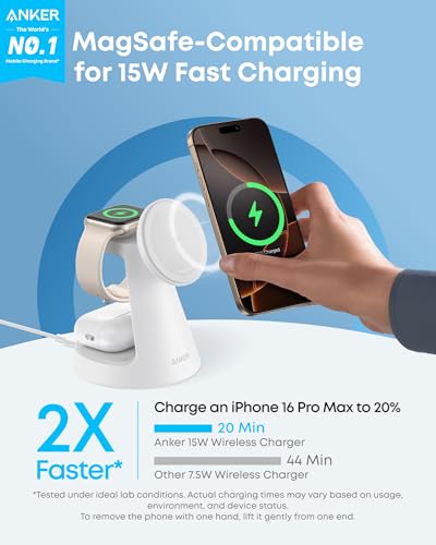Anker MagSafe Charger Compatible, MagGo 3-in-1 Qi2 15W Charging Station | Wireless Charger, Magnetic Charging Stand for iPhone 17 / 16 / 15 Series, Apple Watch, AirPods, and More (Adapter Included) - color: White