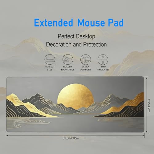 Gray Sunrise Gold Mountain Desk Mat,XL Japandi Mouse Pad,31.5 x 12in | Extended Minimalist Abstract Gaming Mousepad for Men Women,XL Line Art Computer Keyboard Pad for Office Home,80x30 cm - color: Gold Sun