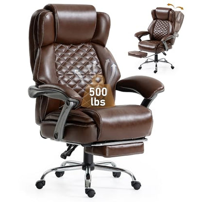 500 lbs Office Chair with Foot Rest, Reclining Executive Chair Brown | Big & Tall Computer Desk Chair, PU Ergonomic Lumbar Support, Thicker Pocket Spring Cushion, High Back - color: Brown