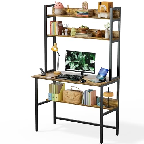 Aquzee 40 Inch Desk with Shelves, Computer Desk with Hutch | Home Office Desk with Bookshelf, Study Table with Storage Shelf for Study/Writing/Workstation, Brown - color: Brown, size: 40inch