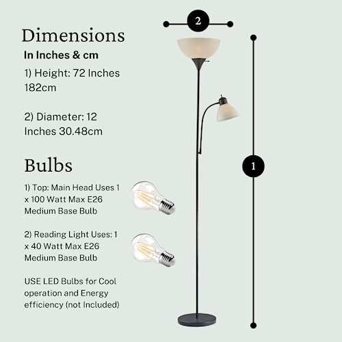 Adjustable Black Floor Lamp with Reading Light, Tall Lamp for Living Room, Bedroom, Office, Susan 72" Standing Lamps for Living Room, Corner Light, Stand Lamp, Floor Lamps for Living Room Modern