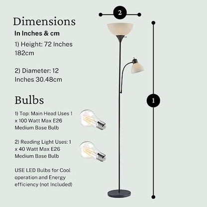 Adjustable Black Floor Lamp with Reading Light, Tall Lamp for Living Room, Bedroom, Office, Susan 72" Standing Lamps for Living Room, Corner Light, Stand Lamp, Floor Lamps for Living Room Modern