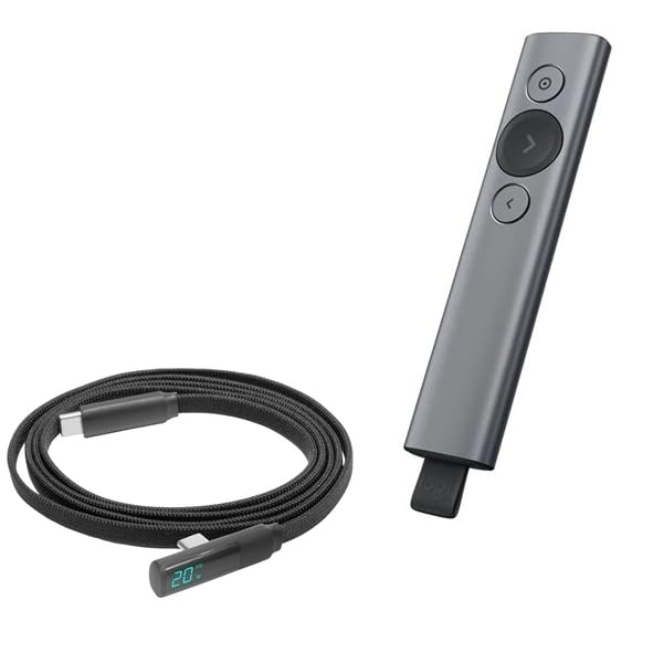 BoxWave Cable Compatible with Logitech Spotlight Presentation Remote - PowerDisplay PD Right Angle Cable (4ft) - USB-C to USB-C (100W), LED Wattage Info Extra Long Braided Nylon - Jet Black