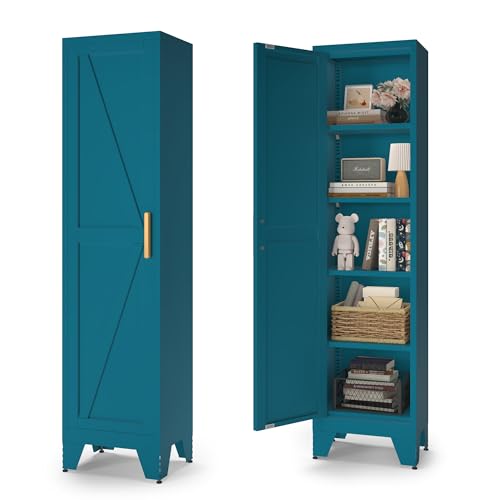 COFaR Tall Bathroom Cabinet, Metal Farmhouse Narrow Slim Storage Cabinet with Adjustable Shelves Barn Door for Bathrooms, Kitchens, Entrances Living Room (Blue) - color: Blue Green, size: 67" Farmhouse Narrow
