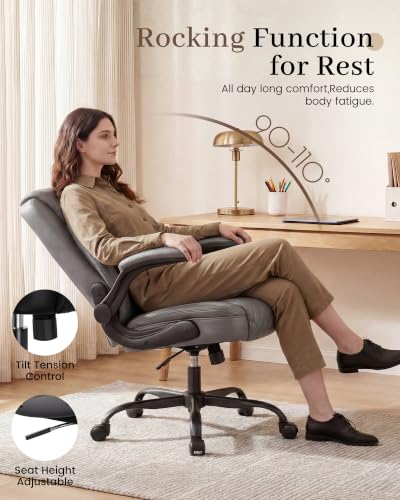 COMHOMA Mid-Back Office Chair, Ergonomic PU Desk Chair with Flip up Arms, Small Computer Gaming with Comfy Lumbar Support,Rocking Function,Sturdy Metal Base, Grey - color: Grey