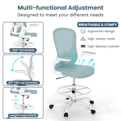 Drafting Chair, Tall Office Chair with Flip-up Armrests Executive Ergonomic Computer Standing Desk Chair, Office Drafting Chair with Lumbar Support and Adjustable Footrest Ring - color: Light Blue&white