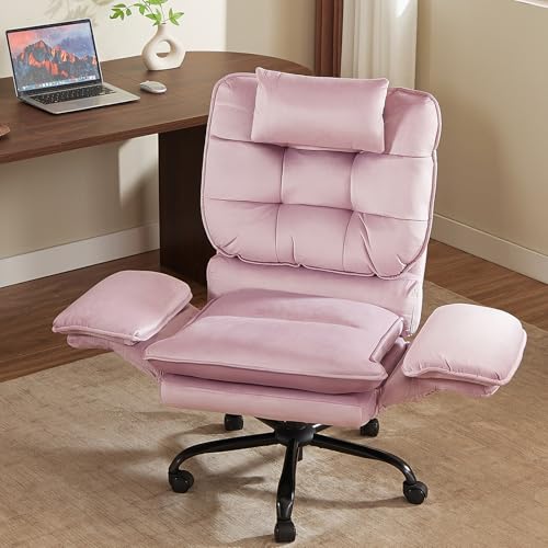 Bestier Criss Cross Chair with Flip-Up Armrests and Headrest, Pink Velvet | 135° Reclining Swivel Executive Chair with Side Pockets, Big and Tall Computer Desk Chair for Home Office Bedroom - color: Pink Velvet, size: High Back