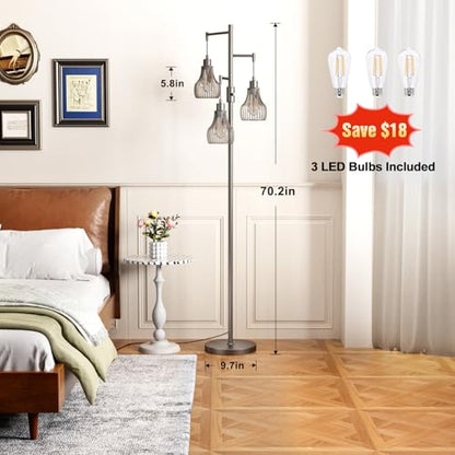 Ziisee Dimmable Floor Lamps for Living Room, Industrial Tree Standing Tall Lamps with 3 Elegant Cage Shade for Bedroom Office - Grey - color: E-Grey