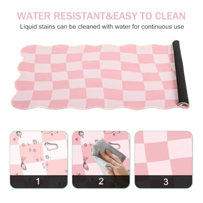 L-SPOUTTO Pink Mouse Pad,Geometric Desk Mat XXL Large Scalloped Gaming Mousepad,35.4x15.7in Non-Slip Rubber Base Keyboard Pad Waterproof Desktop Mat for Laptop Computer Game Home Office-Checkered - color: Pink Checkered