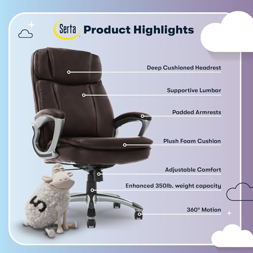 Serta Ergonomic Big and Tall Executive Office Chair Lumbar Support, Leather | Fairbanks, Gaming Chair with Headrest, 350lb Capacity, Padded Arms, Semi-Plush Seat Cushion, Adjustable Height & Tilt, Brown - color: Brown, size: 350 lbs