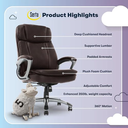 Serta Ergonomic Big and Tall Executive Office Chair Lumbar Support, Leather | Fairbanks, Gaming Chair with Headrest, 350lb Capacity, Padded Arms, Semi-Plush Seat Cushion, Adjustable Height & Tilt, Brown - color: Brown, size: 350 lbs