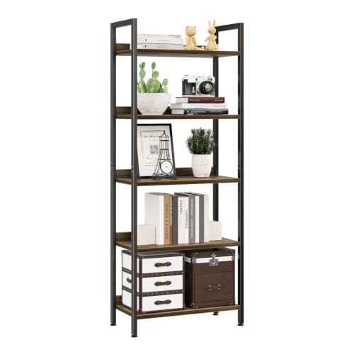 NUMENN Bookshelf, 5 Tier Freestanding Shelving Unit, Dark Walnut | Metal Frame & Wood Shelves, Falling Prevention Baffle, Open Storage Bookcase for Bedroom, Living Room & Home Office - color: Dark Walnut, size: 5 Tier(Wide)