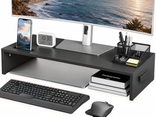 1home Ergonomic Monitor Stand Riser, 21.3 Inch Wood Desktop Stand with Cellphone Holder and Cable Management, Black - color: Black, size: 21.3 x 10 x 4 inches