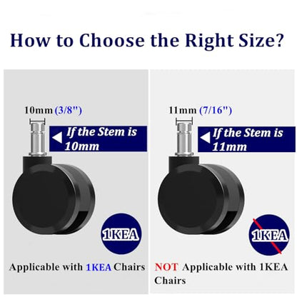 Office Chair Wheels 10mm Stem, 2.36"(60mm) Casters Compatible with 1KEA Chairs ONLY, 10mm(3/8") x22mm(7/8") Stem Replacement Chair Casters for Carpet and Hardwood Floors(Set of 5) - size: 10mm Stem No Brakes(for Ikea)