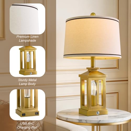Modern Table Lamps Set of 2 for Living Room 23.75" Bedroom Nightstand Lamps | Touch Lamps with Three-level Dimming Nightlight, Bulbs Included, USB Charging Ports, Gold Modern Bedside Side Table Lamp - color: Metal Gold