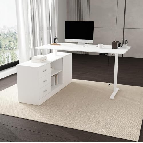 FUFU&GAGA 63” L-Shaped Standing Desk with 3 Drawers, Electric Height Adjustable Desk with File Cabinet, Executive Computer Table, Sit Stand Desks, for Home Office, White, 63”W x 55.1”D x 29.1”-44”H