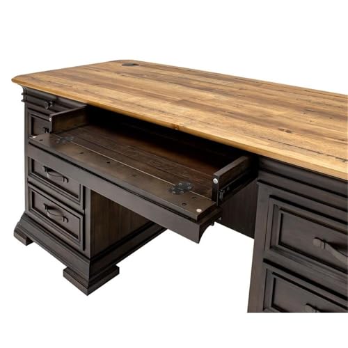 Pemberly Row Executive Desk, 60”W x 28”D x 30”H, Solid Wood Plank Top, Brown Finish, Double Pedestal Design, Dropfront Keyboard Drawer, Locking File Drawers, Antique Bronze Hardware, Home Office Desk
