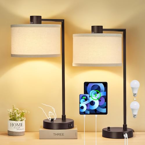Luvkczc Table Lamp Set of 2, Dimmable Bedside Lamp for Night Stand, USB A+C | Nightstand Lamp with Linen Lampshade, 2 LED Bulbs Included, Desk Lamp for Bedroom, Living Room, End Table, Reading , Office - color: Red Brown