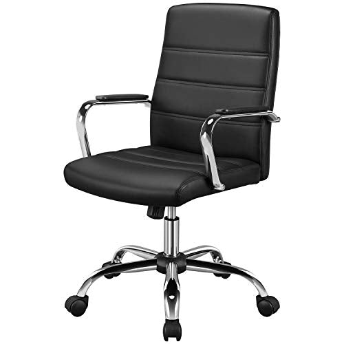 Yaheetech Black Office Chair PU Leather Swivel Rocking Desk Seat with Arms | Foam-padded channel-stitched PU leather back supports desk hours; chrome frame rocks, adjusts in height, rolls on casters. - color: Black