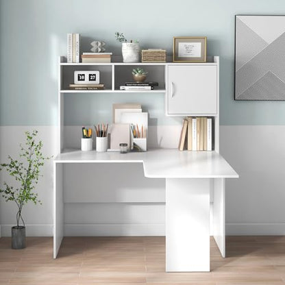 Tangkula L-Shaped Desk with Storage Hutch, Corner Computer Desk with Shelves & Cabinet, Modern Writing Study Table for Home Office, Laptop PC Workstation, White