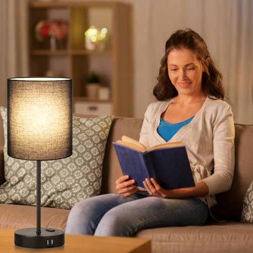 Lynnoland 2 Pack Touch Control Table Lamps with 2 USB & AC Outlet, 3-Way Dimmable Bedside Nightstand Lamps for Bedroom Living Room Nursery, 800 Lumens 3000K Warmlight Bulbs Included - color: Black & Matte Black