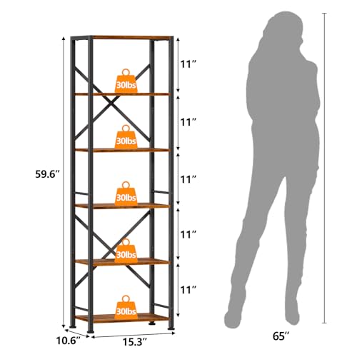 Furologee 5 Tier Book Shelf, Tall Wide Bookshelf, Industrial Open Bookcase, Display Shelves Storage Organizer, Shelving Unit for Living Room, Home Office, Bedroom, Rustic Brown | 20'' Wide Industrial Storage Shelves with X Crossbar, Shelving Units for Bed