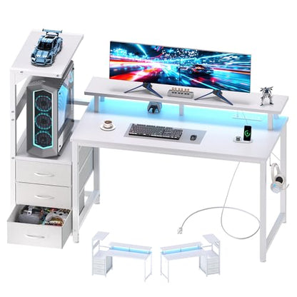 52" Reversible Gaming Desk with LED Lights Power Outlets, White | Computer Desk with Drawers Can be Used to Store Odds and Handles, Elevated PC Stand To Help You Showcase Your DIY Cases. - color: White, size: 53 In