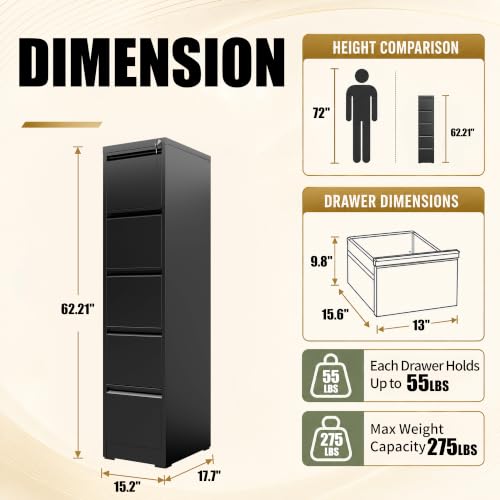 5 Drawer File Cabinet for Home Office, Vertical Filing Cabinet - color: Black, size: 64.2"H - 5 Drawer