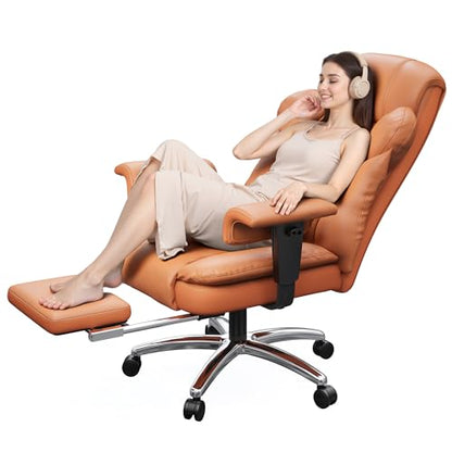 DurayLoly Big and Tall Office Chair with Footrest, 400 lbs Weight Capacity | 135° Rocking Motion, Ergonomic Lumbar Support, PU Leather for All-Day Home Office Comfort, Brown - color: Brown