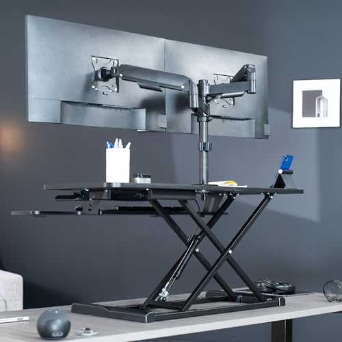 VIVO Black 42 inch Desk Riser with Monitor Mount, DESK-KIT-042K2K | Standing Desk Converter with Dual Monitor Mount for up to 32 inch Screens, Height Adjustable Riser, Mechanical Spring Arms - size: 42"