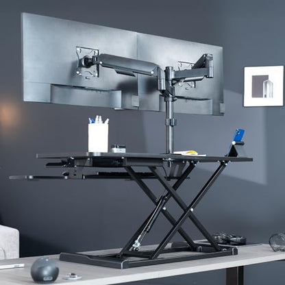 VIVO Black 42 inch Desk Riser with Monitor Mount, DESK-KIT-042K2K | Standing Desk Converter with Dual Monitor Mount for up to 32 inch Screens, Height Adjustable Riser, Mechanical Spring Arms - size: 42"