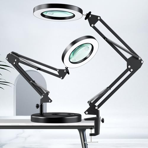 HITTI 30X & 10X Magnifying Glass with Light, 1800 Lumens Stepless Dimmable, 3 Color Modes, 4.2″ Real Glass Lens LED Desk Lamp with Clamp, Magnifier Light and Stand for Craft Reading Jewelry-Black - color: Balck, size: 30&10X Base & Clamp