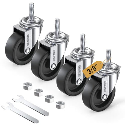HOLKIE Caster Wheels 3 inch with No Brake Stem Casters, 3/8" -16 x 1-1/2" (Stem Diameter 3/8", Stem Length 1-1/2") Threaded Swivel Casters Set of 4 Heavy Duty Castors Black - color: Black-4Pack, size: 3/8" -16x 1-1/2"