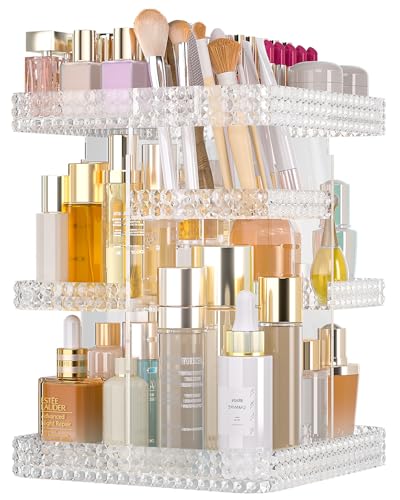 Rotating Makeup Organizer with Makeup Brush Holder,Large Capacity Perfume Organizer for Vanity Countertop,Acrylic Skincare Organizers Spinning Holder Storage Rack (Clear) - color: Clear