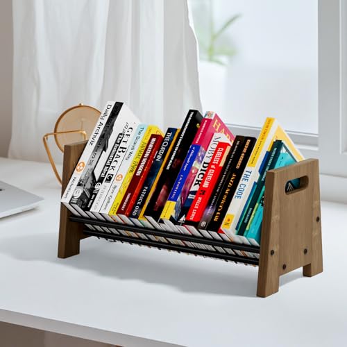 Desktop Bookshelf Organizer, Wood Rustic Slanted Desk Bookshelf, Small Tabletop Book Rack, Portable Save Space Bookcase for Book Display Home Office Organzier