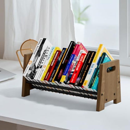 Desktop Bookshelf Organizer, Wood Rustic Slanted Desk Bookshelf, Small Tabletop Book Rack, Portable Save Space Bookcase for Book Display Home Office Organzier