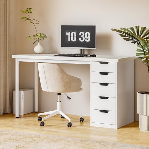 LITTLE TREE Computer Desk with 5 Drawers, 47 Inch White Modern Simple Study Writing Desk with Metal Frame, Work Desk for Home Office - color: White