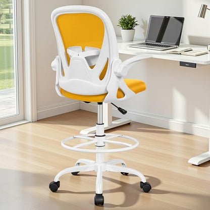 Primy Drafting Chair Tall Office Chair with Flip-up Armrests Executive Ergonomic Computer Standing Desk Chair with Lumbar Support and Adjustable Footrest Ring (Mustard) - color: Mustard, size: 934-Z