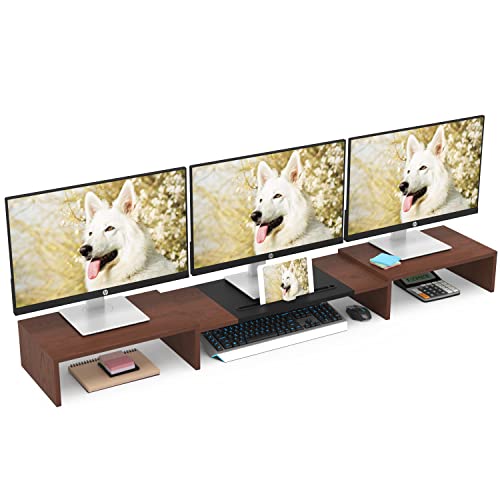WESTREE Triple Monitor Stand Riser - Extra Long, Adjustable Length & Angle, 3 Shelf Desktop Storage for 1-3 Monitors - color: red
