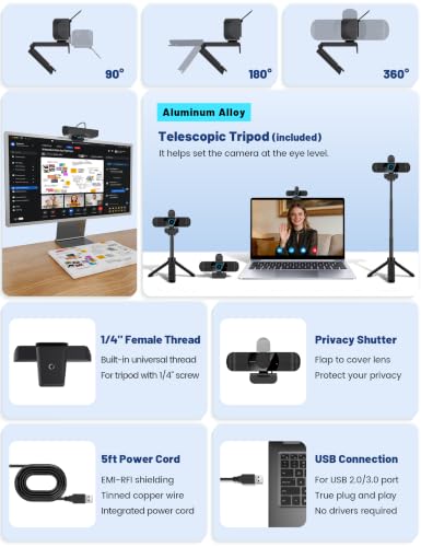 Pro HD 1080p/30fps Webcam with Tripod, External USB Camera for PC/Laptop | Dual noise-cancelling mics | Auto-focus | Wide-angle | Low-light correction | 360° rotation | CMOS sensor | Plug and Play - style: 1080p | 30fps | USB Cable | Tripod Included