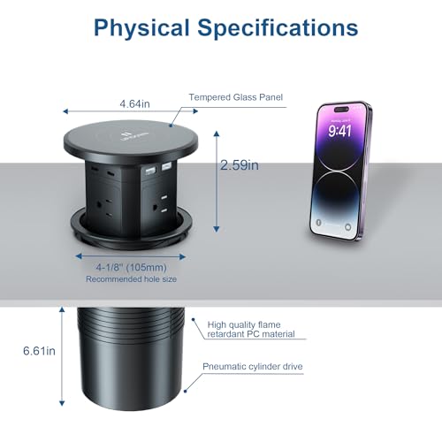 9-in-1 Pop-Up Outlet with Wireless Charging for Kitchen & Office | 9-in-1: 4 AC + 4 USB + wireless charging. 2500W, 100-240V. 4-1/8" cutout. Hidden hub for kitchen, office, conference table - color: Black
